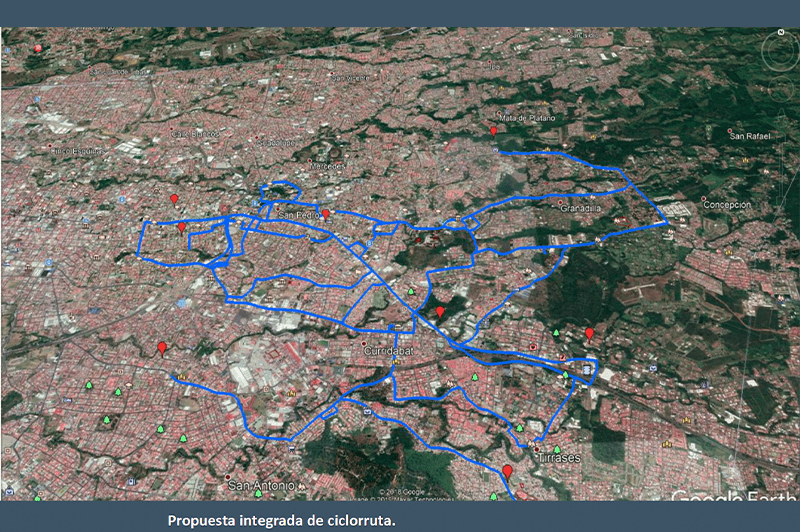 Mapa de ciclorruta en Curridabat, Costa Rica